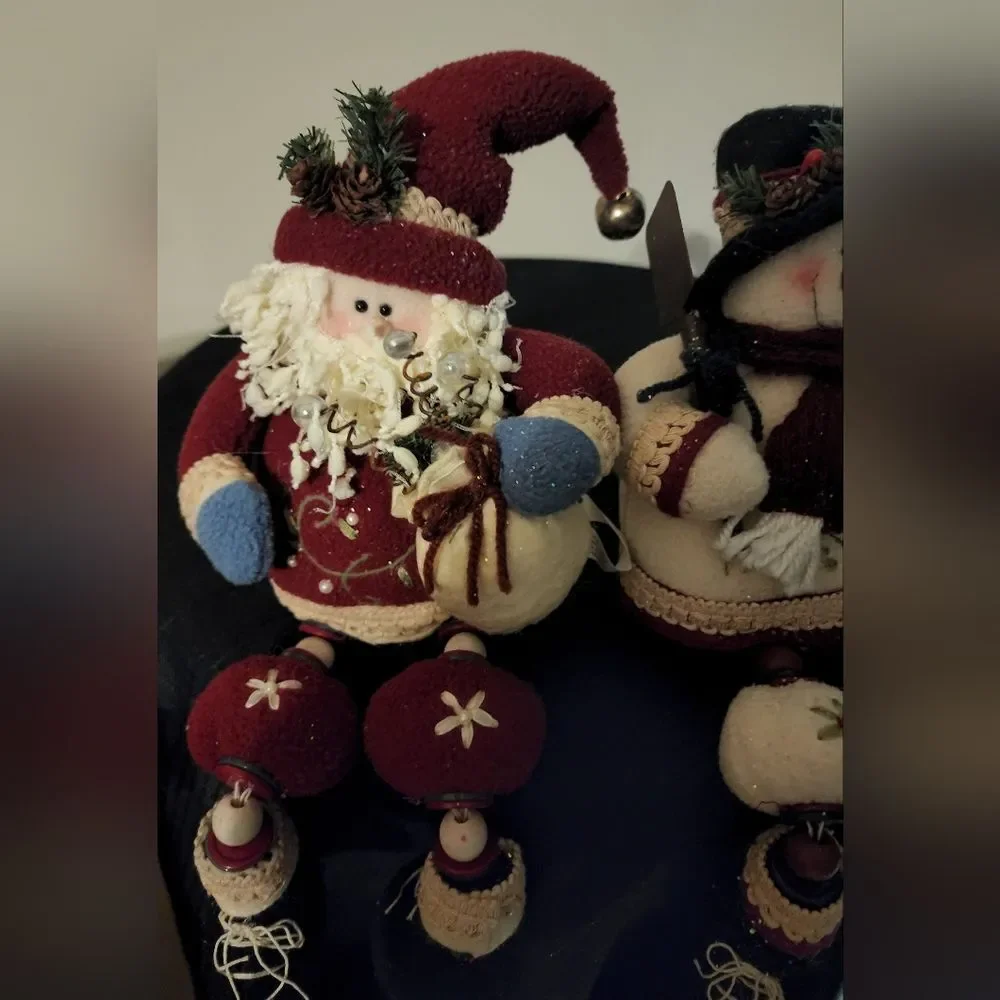 Set of 2 - Plush Santa & Snowman Sitting with Dangle Legs (Beads and Buttons)